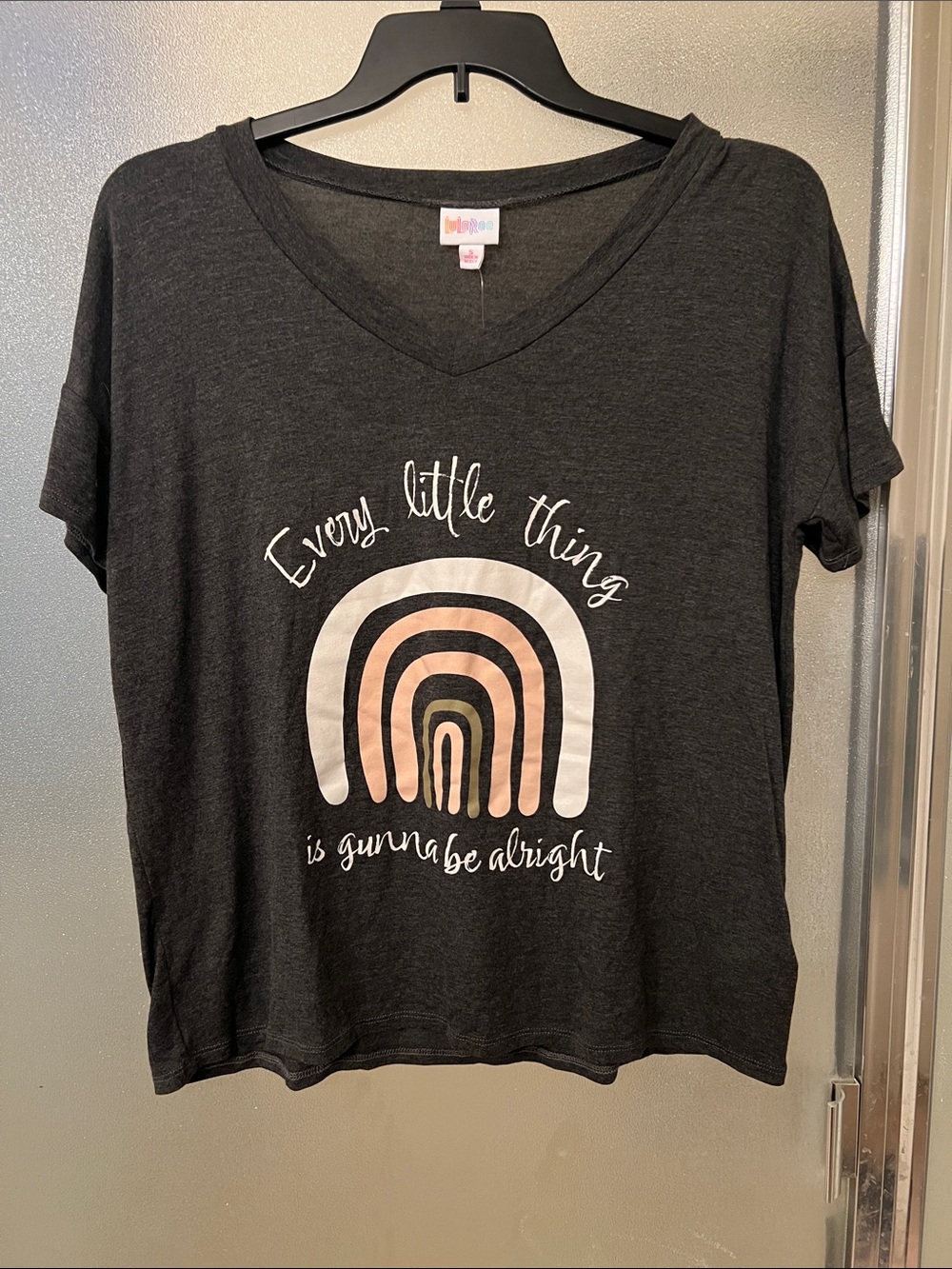 LuLaRoe Black V-Neck Tee with White, Blush, Olive Rainbow Graphic